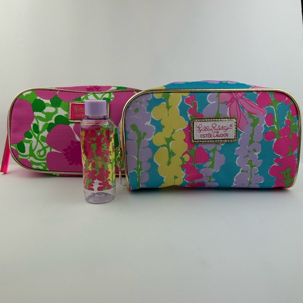 Lot of 2 Lilly Pulitzer Bags Estee Lauder Pink Multi Floral Travel Makeup Canvas